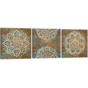 NWOT 3pb Vintage Boho Flowers Canvas Wall Art Mandala Floral Pictures Print